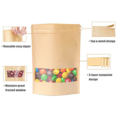 Saco de papel Kraft com fecho de fechadura recolocável, fecho de fecho, fecho de fecho e janela transparente