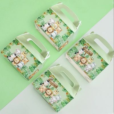 Caixa de papel de manuseio de impressão de animais personalizada para aniversário e banho de bebê com tema da selva infantil