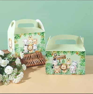 Caixa de papel de manuseio de impressão de animais personalizada para aniversário e banho de bebê com tema da selva infantil